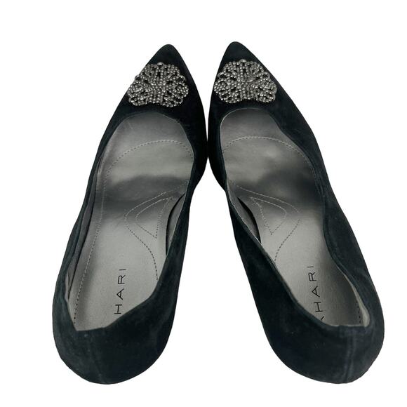 Tahari Accord Black Suede Heels Pumps 8M Jewel Accent 3.5" - Picture 4 of 8